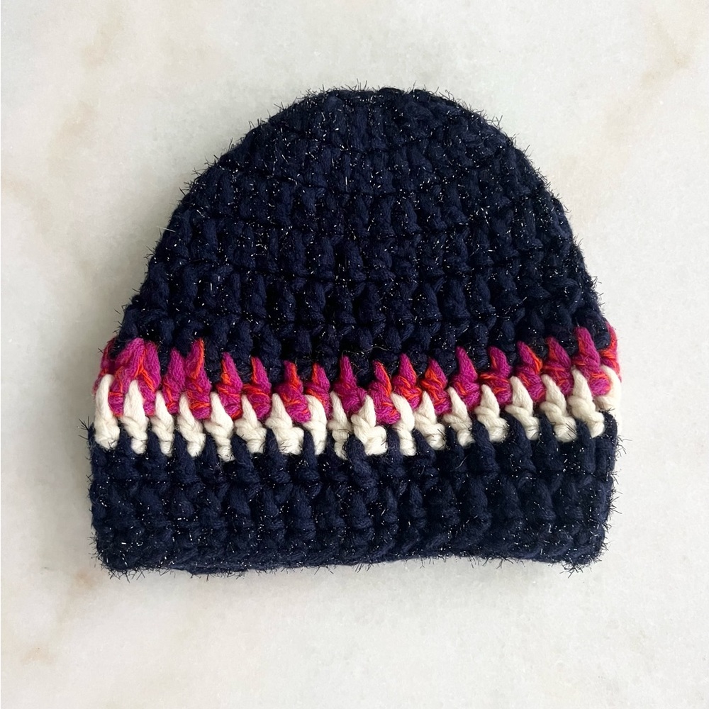 Anthropologie Knit Beanie - Sparkly Crochet Navy Blue White Hot Pink Beanie Hat